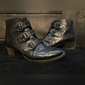 Paul Green, UK 5 US 7.5, black studded, leather moto style, heel, short boots